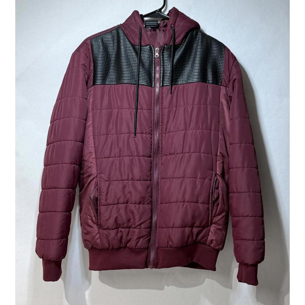 Original Deluxe Puffer Jacket Mens Large Maroon Lined Ribbed Hem Full Zip Hooded